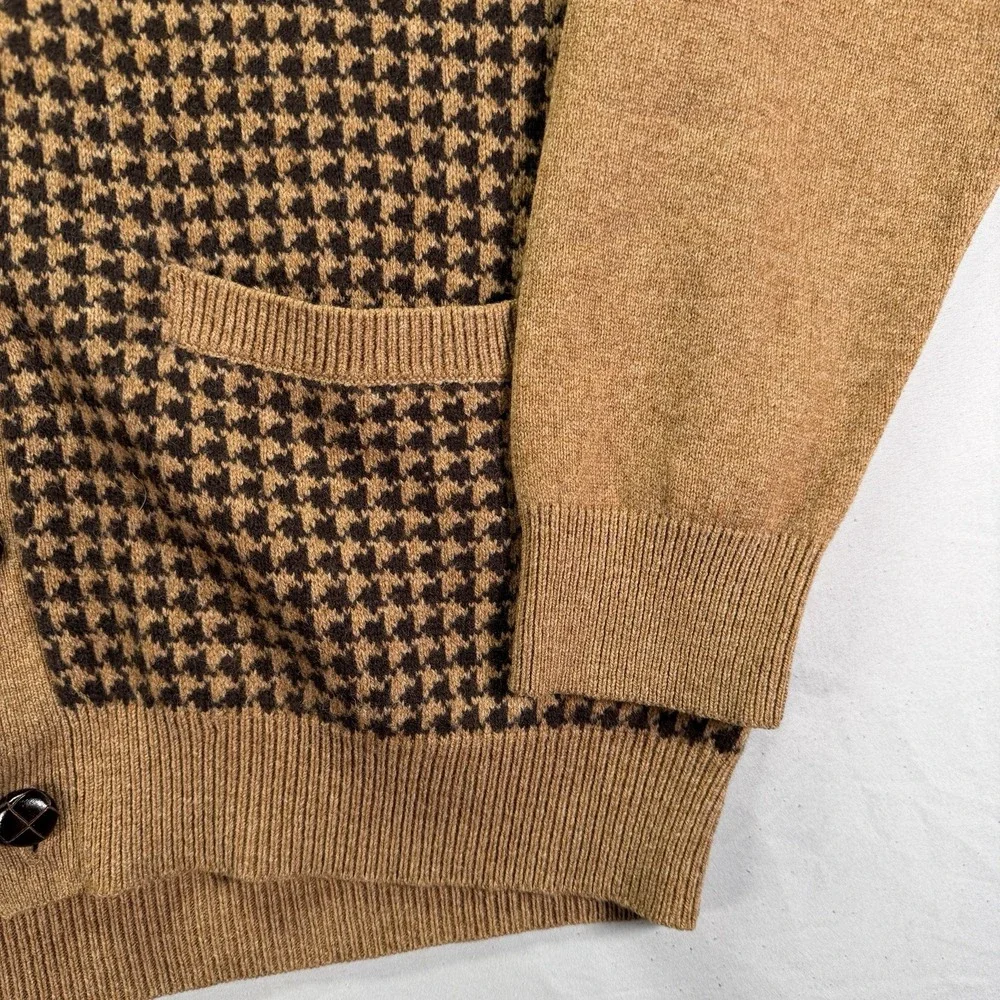 LL Bean Cardigan Sweater Mens Large Brown Houndstooth Lambswool Grandpa Preppy